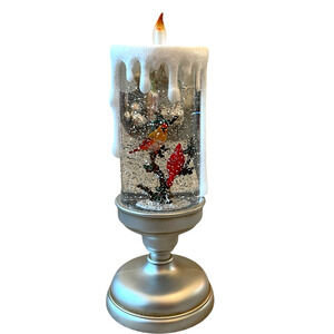 Illuminated Silver Glitter Pedestal Candle 13in Christmas Cardinal New